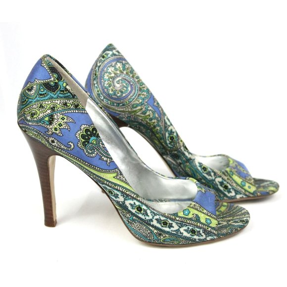 Marc Fisher Paisley Satin Open Toe Heels Pumps Stilettos Blue Green Slip On - 6 - Picture 5 of 7